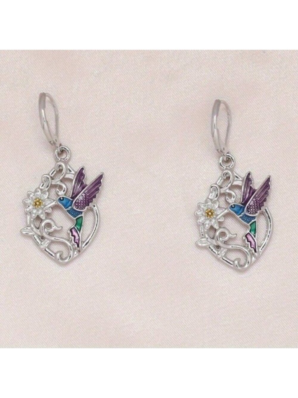 Silver and Purple Hummingbird Earrings A1421